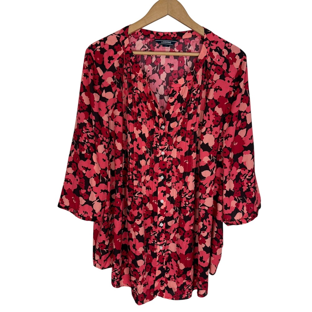 Lands End Womens 3X Plus Pink Red Floral Pintuck 3/4 Sleeve Button Front Blouse